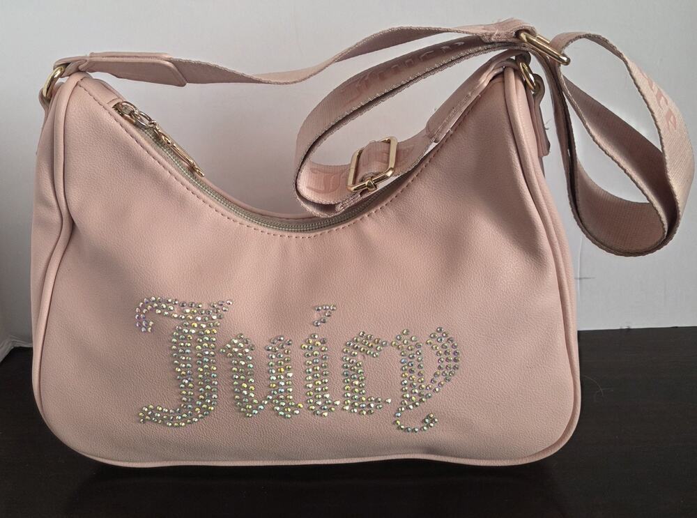 Juicy Couture Pink Faux Leather Shoulder Bag Rhinestone Crystal Logo Crossbody